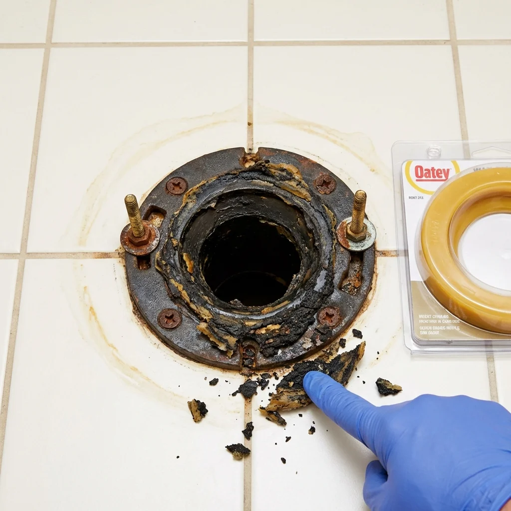 Failed wax ring showing water seepage at the base of a toilet in a Pawhuska, OK home