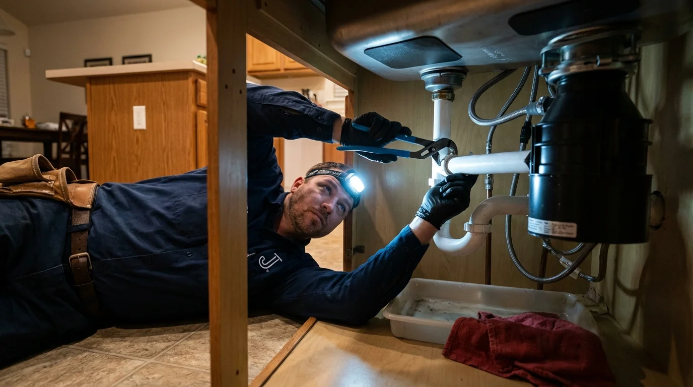 P-trap and supply line connections under a kitchen sink showing a common leak point in Pawhuska, OK